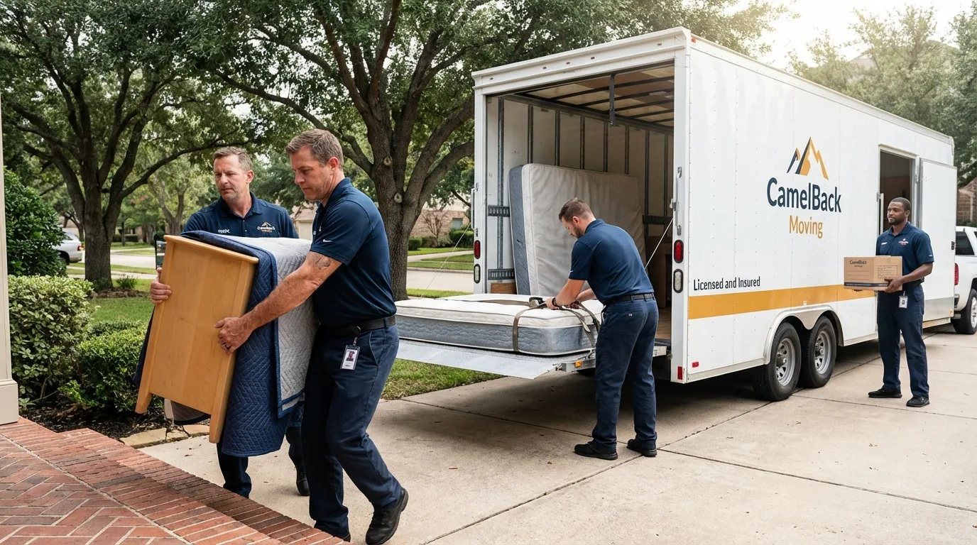 Crew loading residential truck for cross-state move from Stowell, TX