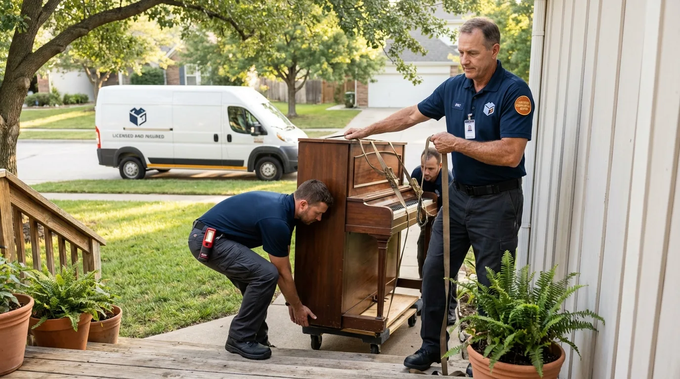 Licensed piano movers securing grand piano in Stowell, TX