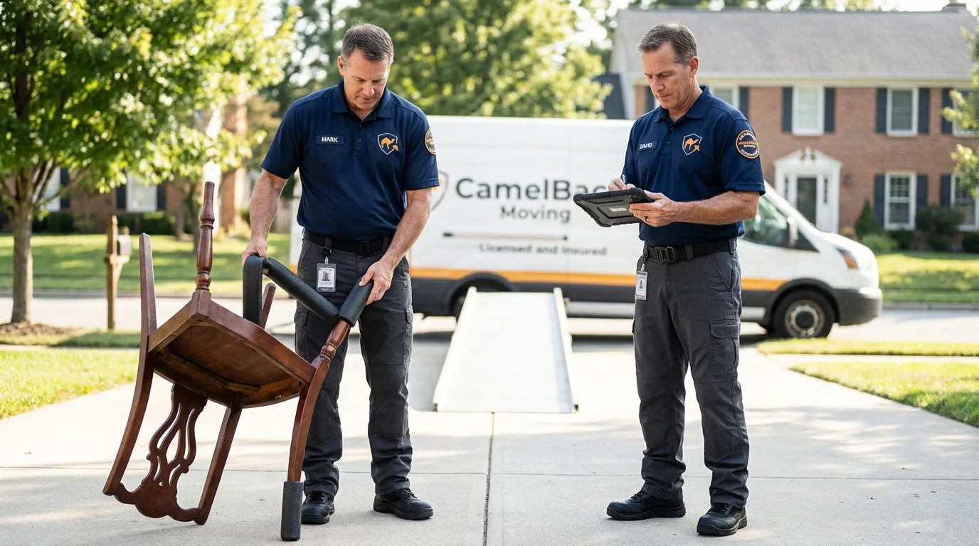 Movers inspecting furniture for damage prevention before loading in Stowell, TX