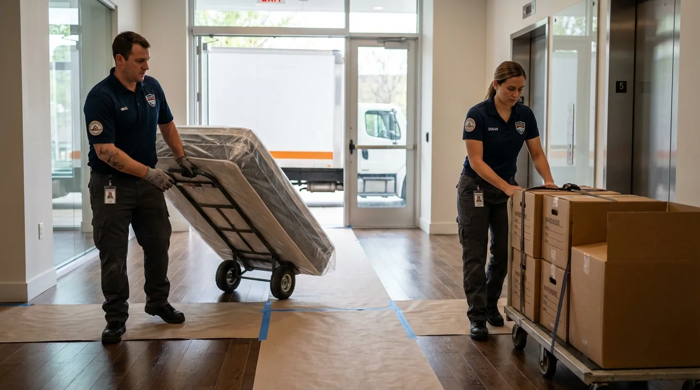 Professional apartment movers loading elevator in Stowell, TX