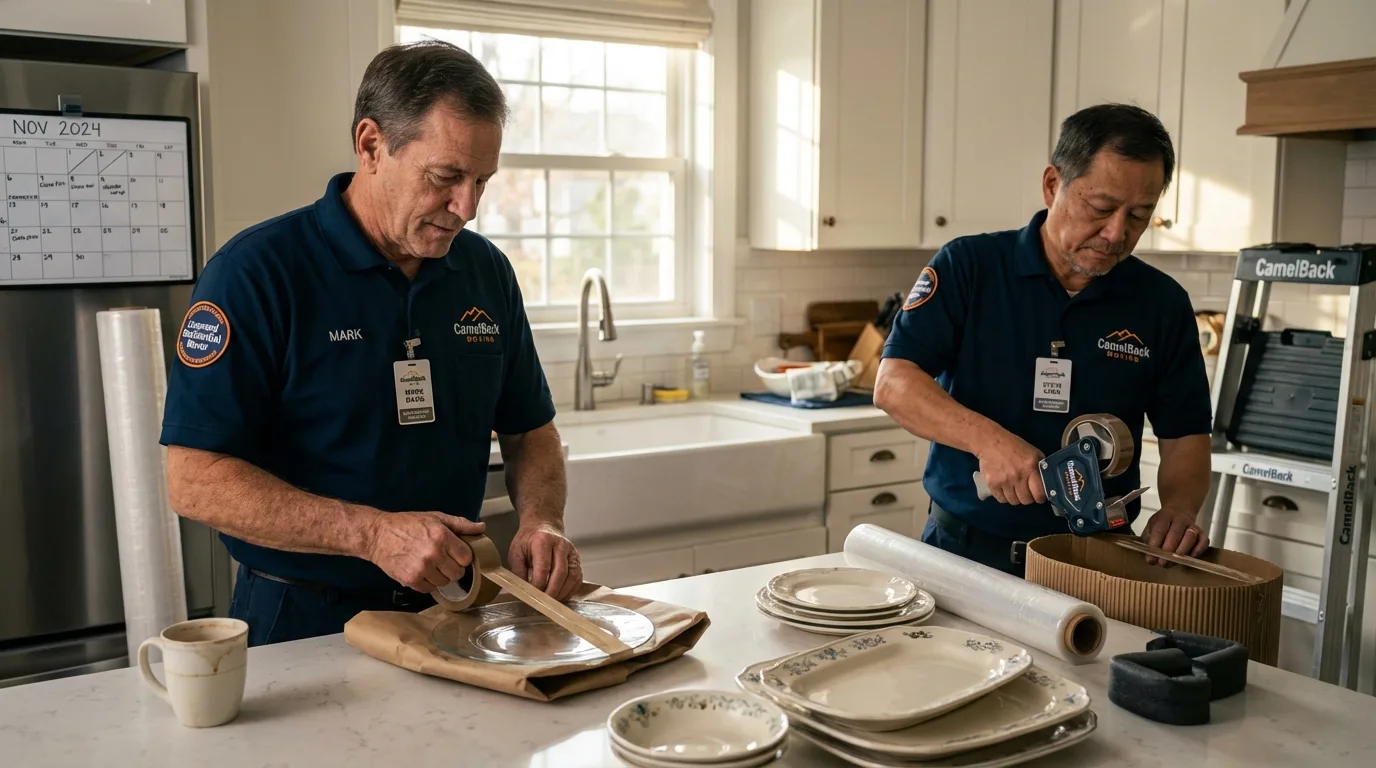 Professional crew packing kitchen dishware in Stowell, TX